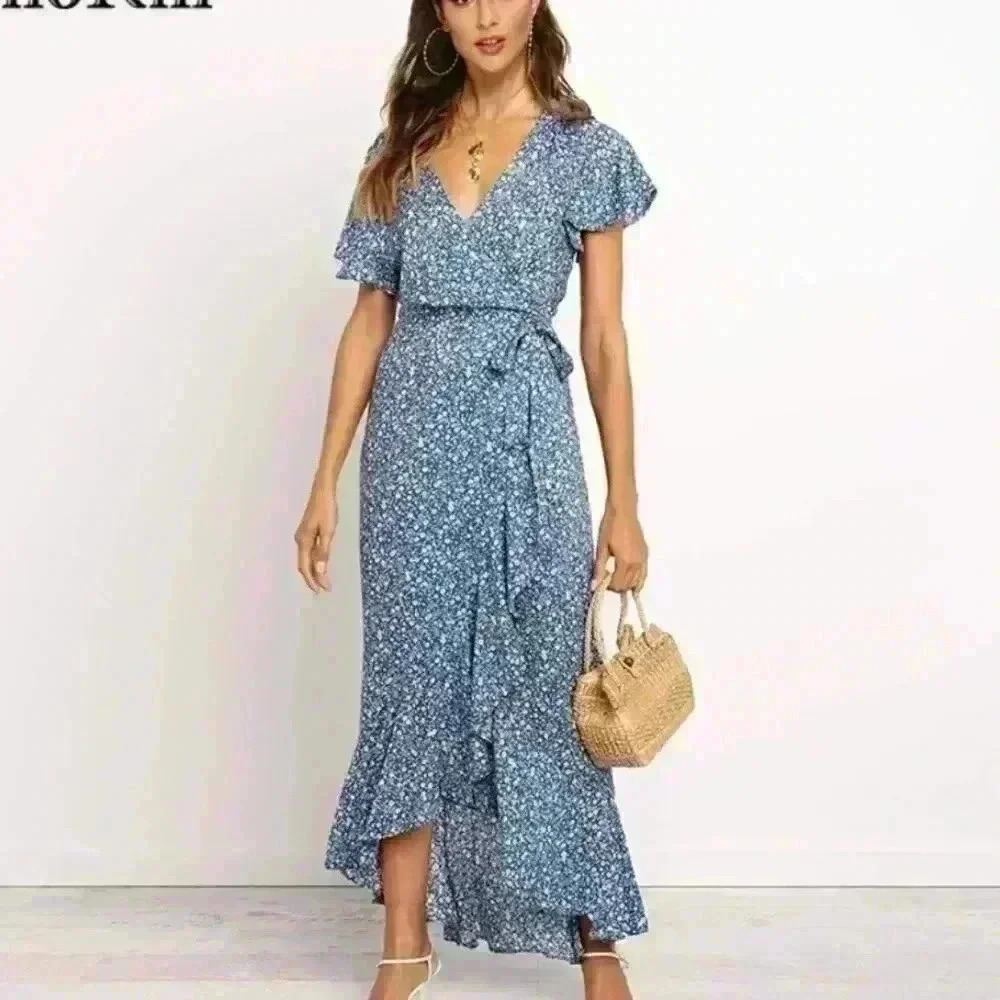 Blue Floral Wrap Maxi Dress with Ruffle Hem - Unbranded